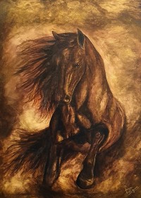 Faiza Bilgrami, Bitumen Horse, 28 x 42 inches, Tar Coal on Canvas, Horse Painting, AC-FZBLG-008